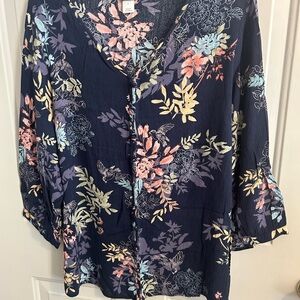 CJ Banks Navy w/Colorful Flowers 3/4 Sleeve Blouse